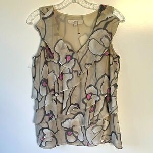 Ann Taylor LOFT Tan pink floral tiered ruffled sleeveless lined blouse top